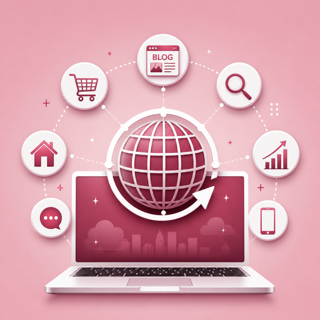 Website development agency Digidiksha creating modern websites with icons of blog, search, and eCommerce tools